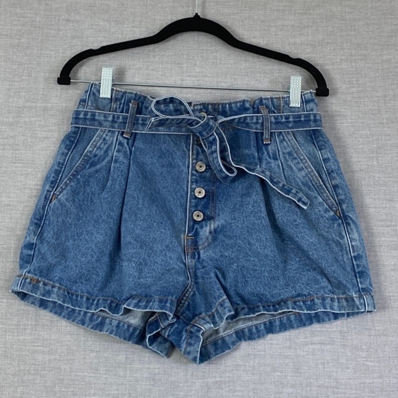 Abercrombie & Fitch Denim Shorts Womens 8 Natural Rise Button Fly Belted Waist - Picture 1 of 12